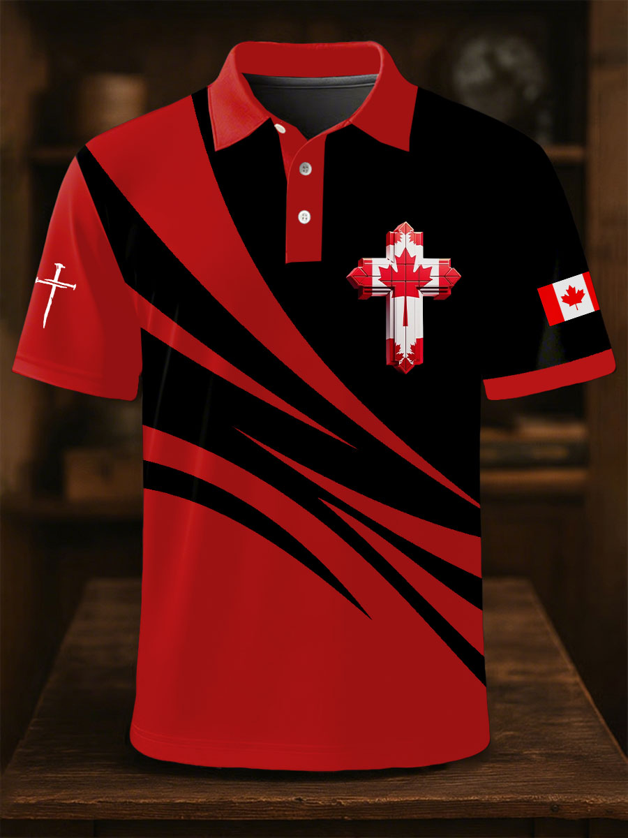 Men's Canadian Flag Cross Print Button Top