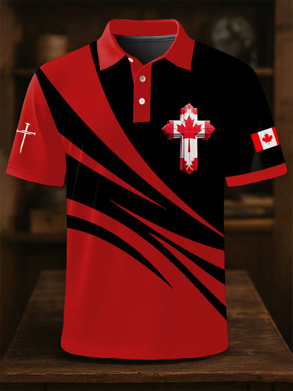 Men's Canadian Flag Cross Print Button Top