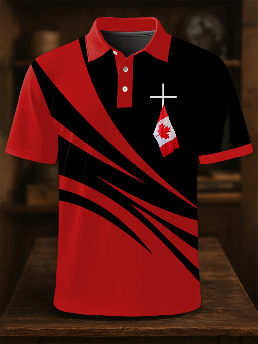 Men's Canadian Flag Cross Print Button Top