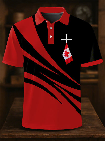 Men's Canadian Flag Cross Print Button Top