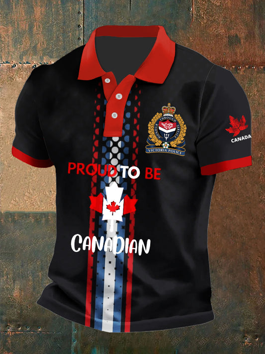 Vintage Canada Emblem Stripe Print Casual Short Sleeve Polo Shirt-1