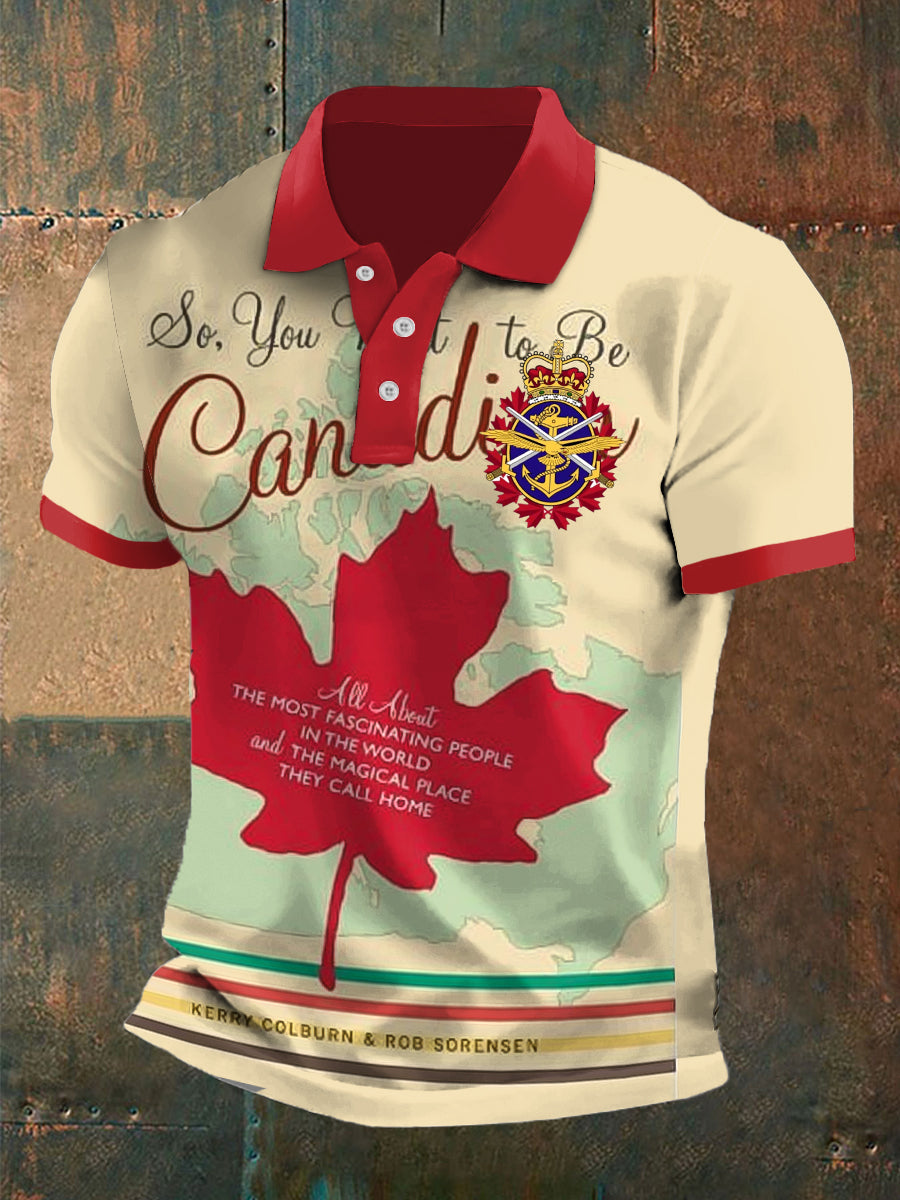 Vintage Canadian Abstract Maple Leaf Print Casual Polo Shirt