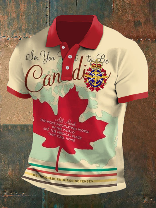 Vintage Canadian Abstract Maple Leaf Print Casual Polo Shirt