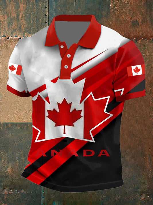 Vintage Canadian Flag Print Casual Short Sleeve Polo Shirt