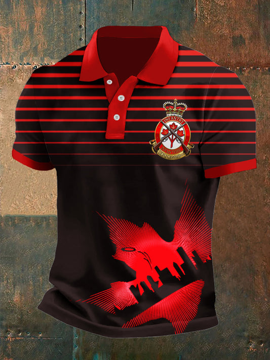 Vintage Canadian Flag Stripe Print Casual Short Sleeve Polo Shirt