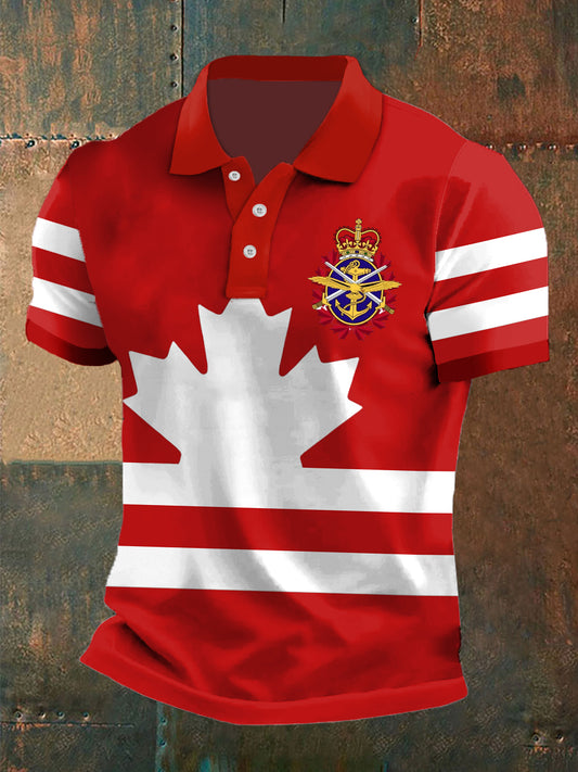 Vintage Canadian Maple Leaf Stripe Print Casual Short Sleeve Polo Shirt