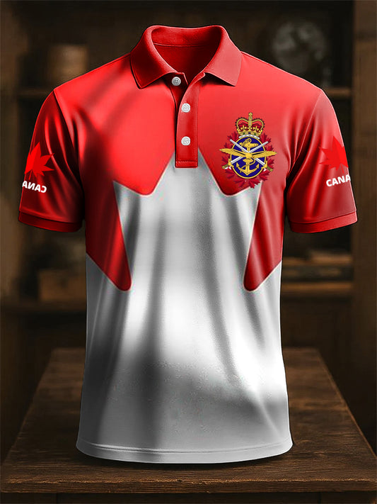 Vintage Canada Emblem Maple Leaf Print Casual Polo Shirt