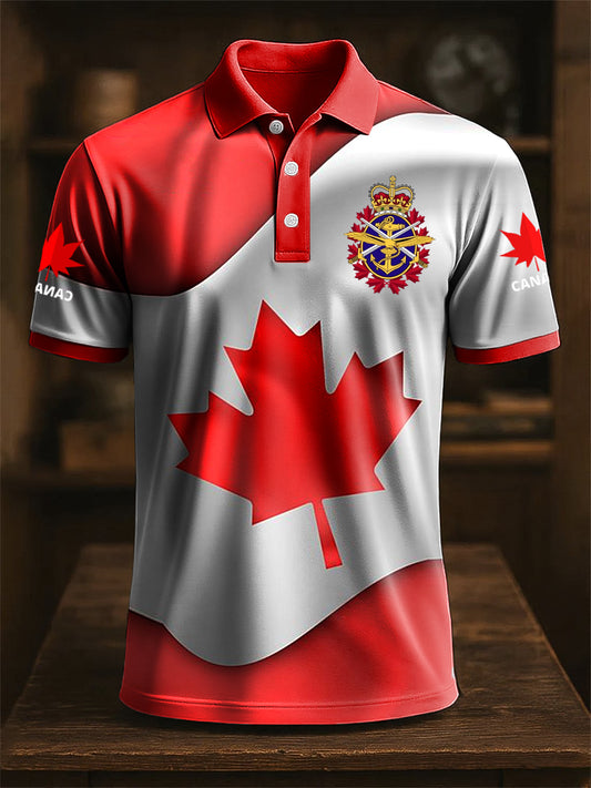 Vintage Canada Emblem Maple Leaf Print Casual Polo Shirt-1