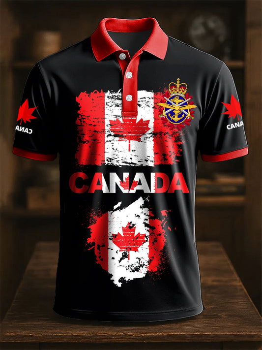 Vintage Canada Flag Maple Leaf Print Casual Polo Shirt