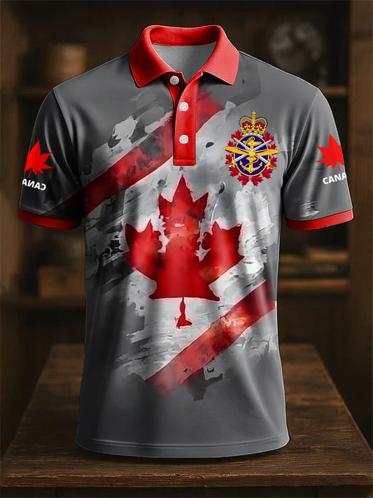 Vintage Canada Flag Maple Leaf Print Casual Polo Shirt-1