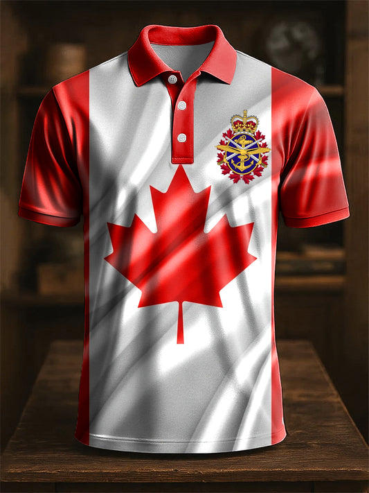 Vintage Canada Flag Maple Leaf Print Casual Short Sleeve Polo Shirt