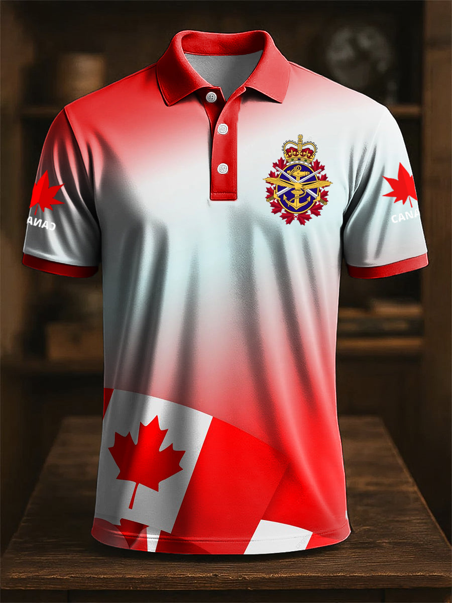 Vintage Canada Gradient Flag Maple Leaf Print Casual Polo Shirt