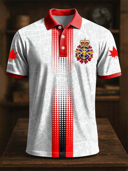 Vintage Canadian Abstract Stripe Maple Leaf Print Casual Polo Shirt