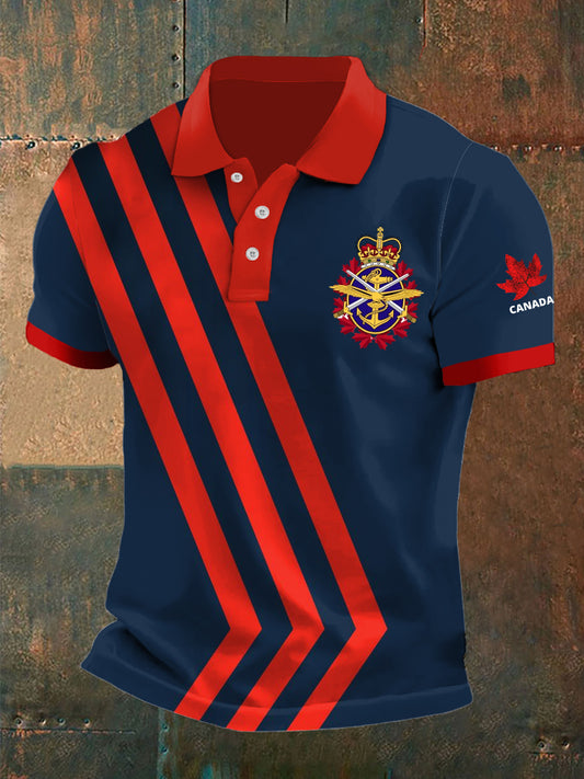 Vintage Canada Emblem Stripe Print Casual Short Sleeve Polo Shirt