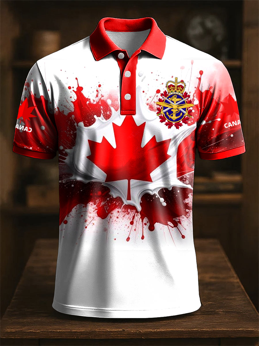 Retro Canadian Maple Leaf Ink Print Casual POLO Shirt