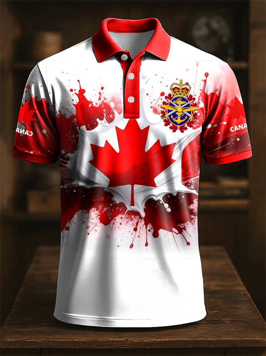Retro Canadian Maple Leaf Ink Print Casual POLO Shirt