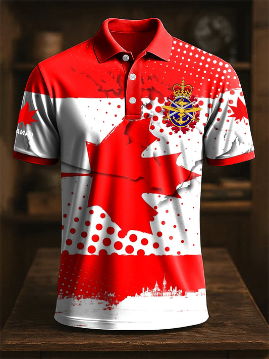 Vintage Canadian Maple Leaf Abstract Print Casual POLO Shirt-2