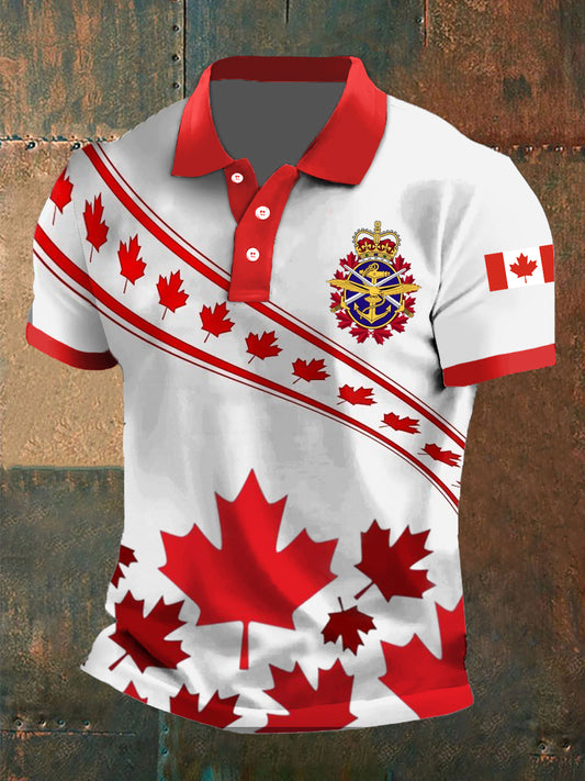 Retro Canadian Maple Leaf Stitching Printed Casual POLO Shirt-1