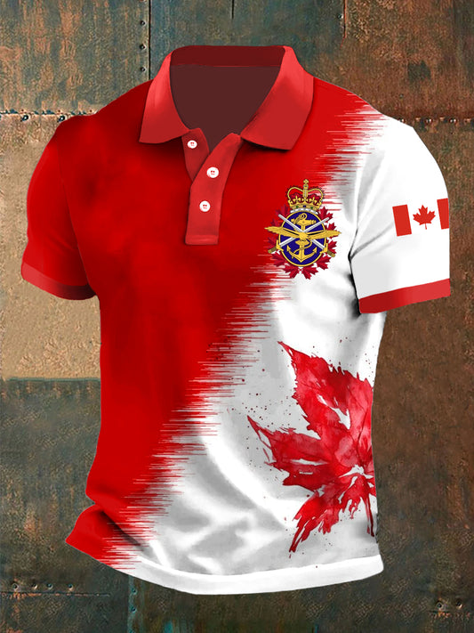 Retro Canadian Maple Leaf Stitching Printed Casual POLO Shirt-2