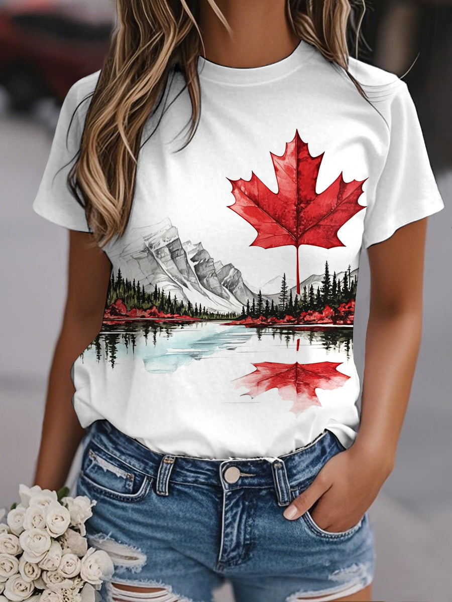 Women's Watercolor Landscape Maple Leaf Print Casual Tee
