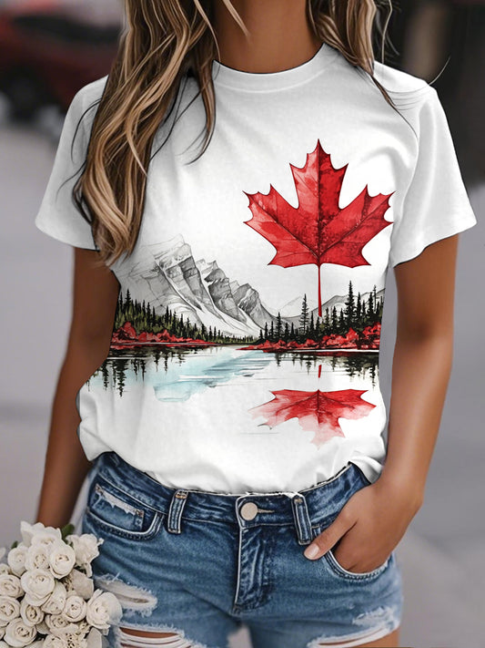 Women's Watercolor Landscape Maple Leaf Print Casual Tee