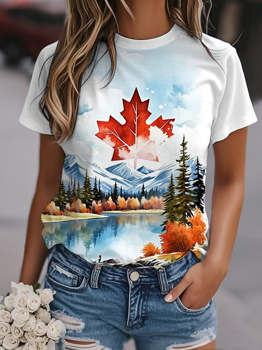 Women's Watercolor Landscape Maple Leaf Print Casual Tee