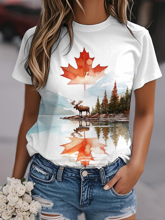Women's Watercolor Landscape Maple Leaf Moose Print Casual Tee