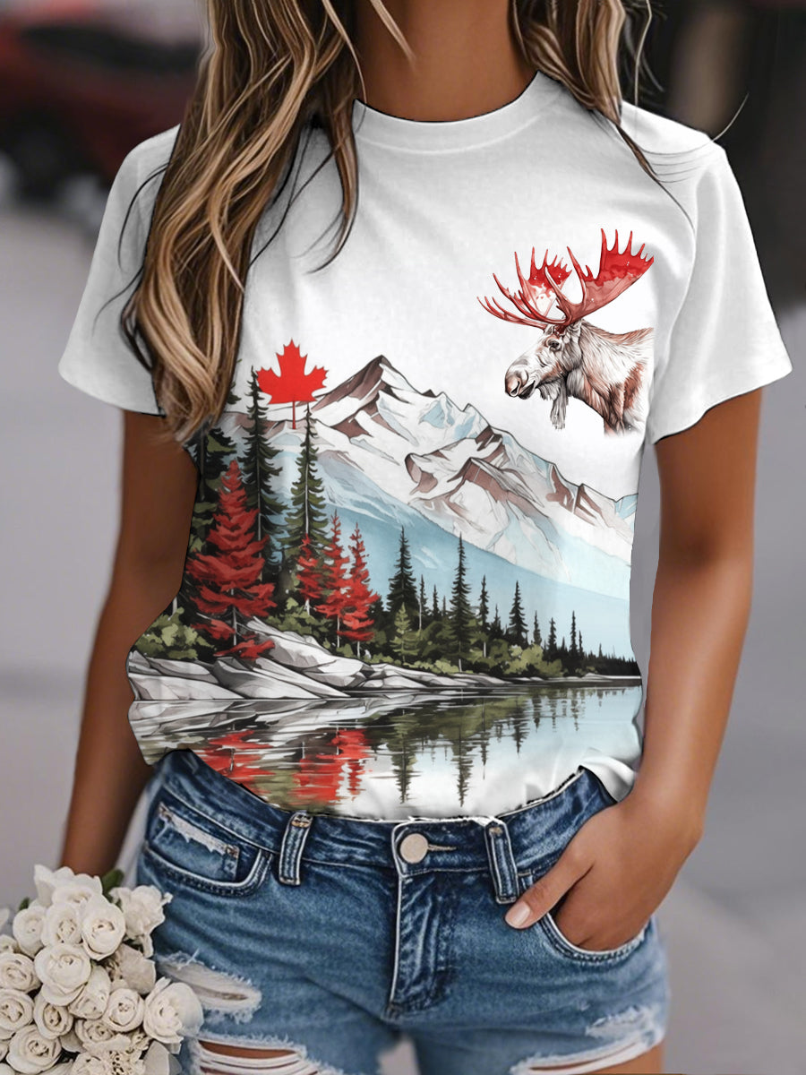 Women's Watercolor Landscape Maple Leaf And Moose Print Casual Tee