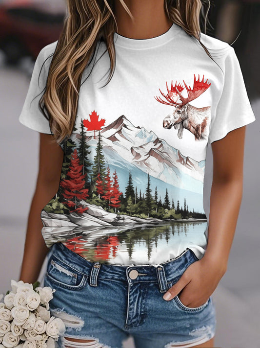 Women's Watercolor Landscape Maple Leaf And Moose Print Casual Tee