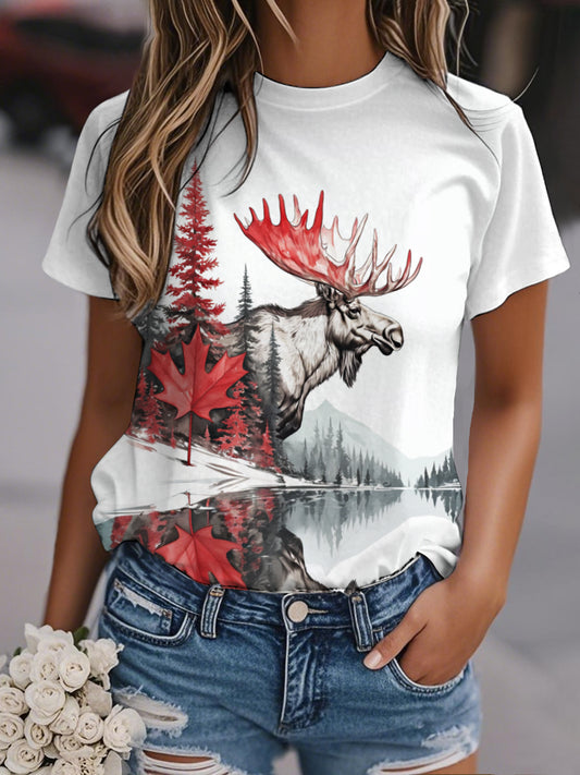 Women's Watercolor Maple Leaf Moose And Mountains Print Casual Tee