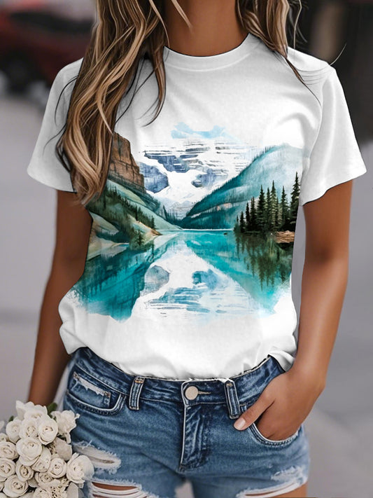 Women's Watercolor Landscape Print Casual Tee