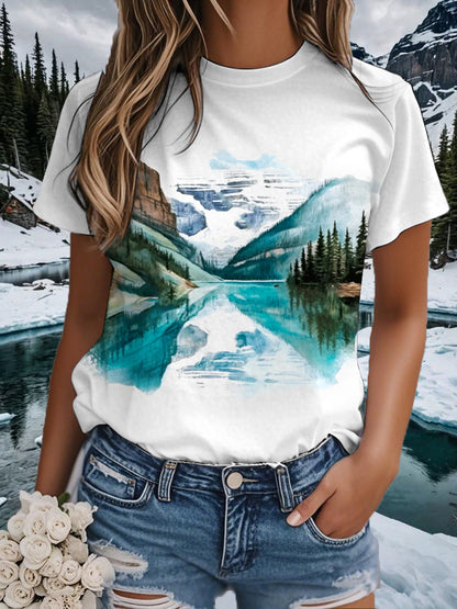 Women's Watercolor Landscape Print Casual Tee
