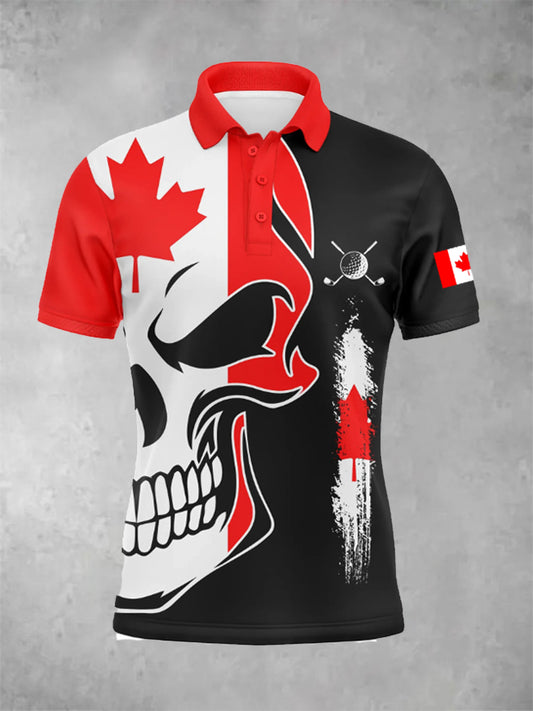 Men's Canadian Flag Skull Mens Golf  Short Sleeve Shirt