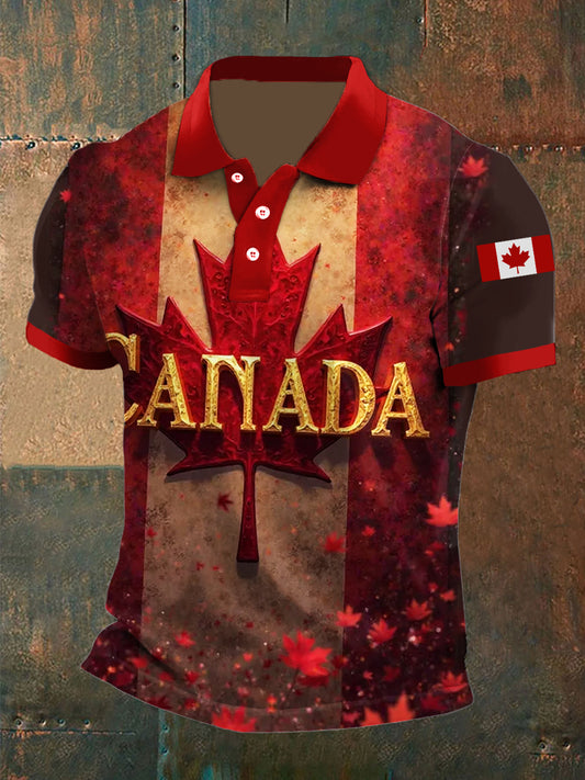Men's Canada Flag Maple Leaf Print Casual Polo Shirt