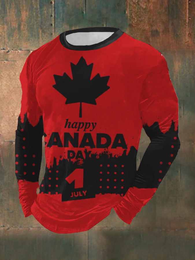 Men's Happy Canada Day Canadian Maple Leaf  Print Casual Long Sleeve Round Neck T-Shirt