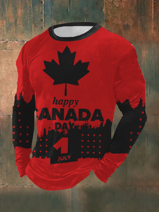 Men's Happy Canada Day Canadian Maple Leaf  Print Casual Long Sleeve Round Neck T-Shirt