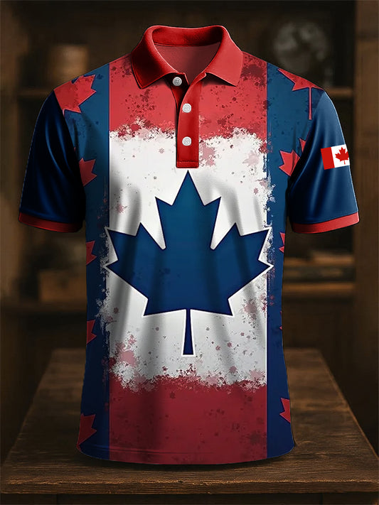 Men's Canadian Maple Leaf Print Casual Polo Shirt