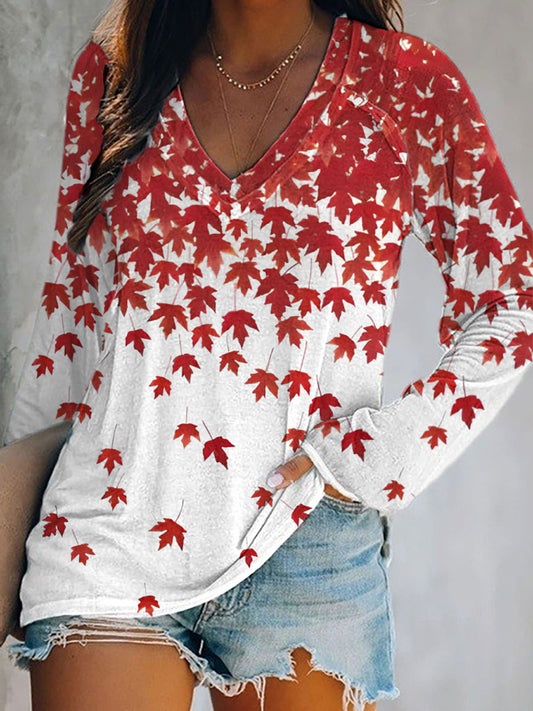 Women's Maple Leaf Print Casual T-shirt