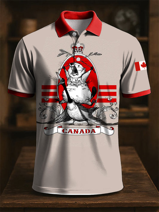Vintage Canadian Beaver Art Print Casual Short Sleeve Polo Shirt