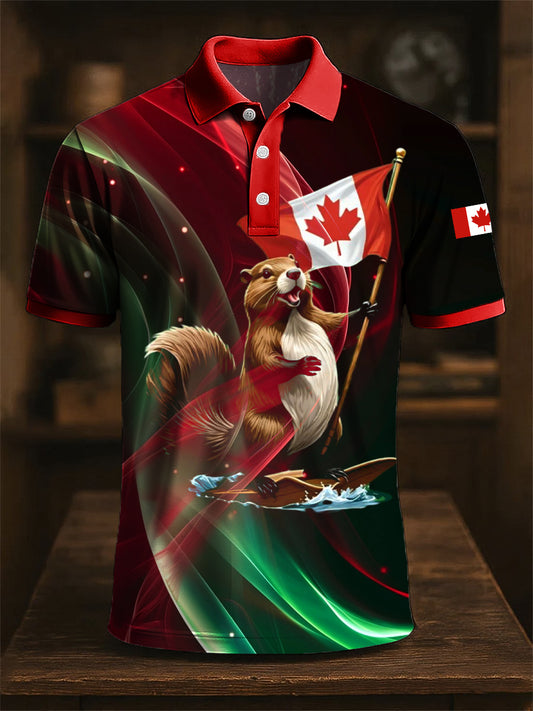 Vintage Canadian Beaver Flag Print Casual Short Sleeve Polo Shirt