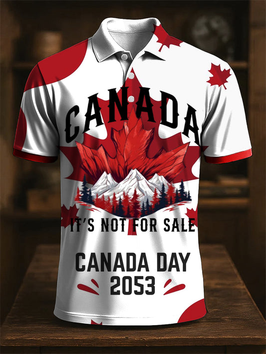 Vintage Canadian Landscape Print Casual Short Sleeve Polo Shirt