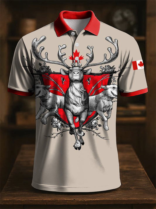 Vintage Canadian Moose Art Print Casual Short Sleeve Polo Shirt