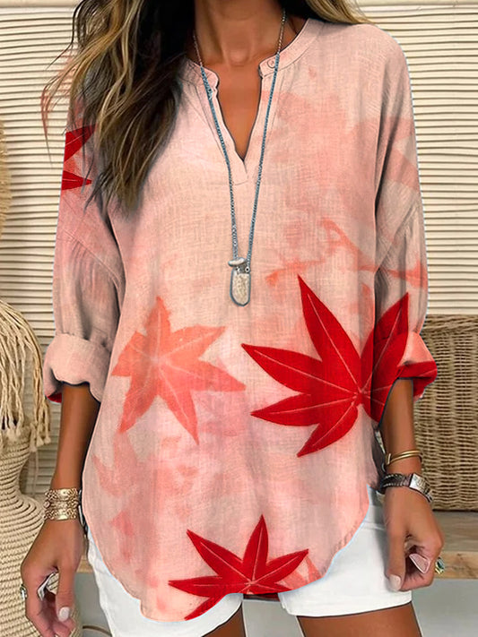 Women's Vintage Canadian Gradient Maple Leaf Art Print Casual V-Neck Top