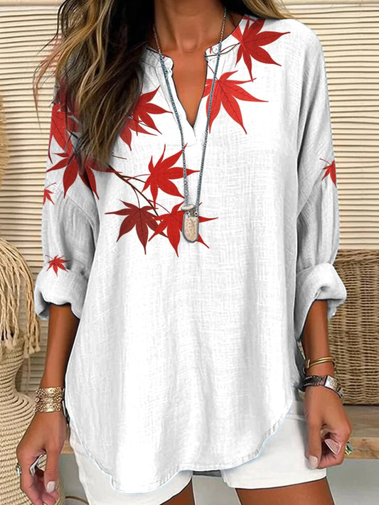Women's Vintage Canadian Maple Leaf Art Print Casual V-Neck Top