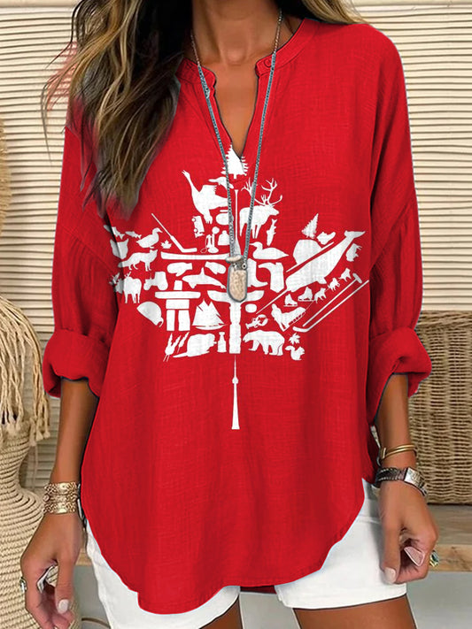 Women's Cana Abstract Animal Maple Leaf Art Print Casual V-Neck Top