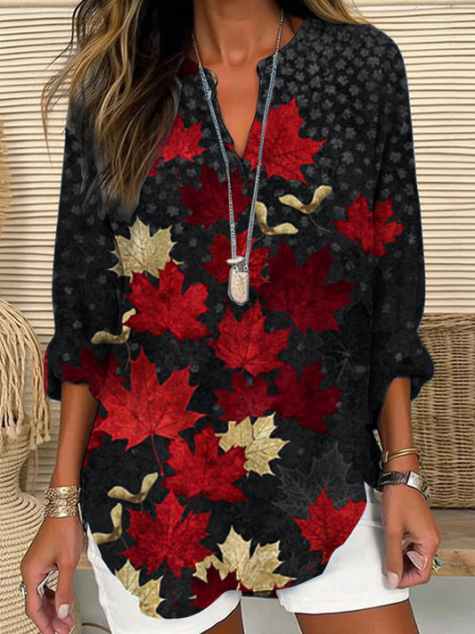 Women's Canadian Abstract Maple Leaf Print Casual V-Neck Top