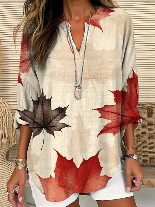 Women's Cana Abstract Colorful Maple Leaf Art Print Casual V-Neck Top