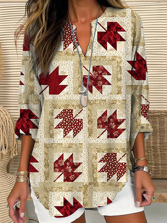 Women's Canadian Geometric Maple Leaf Print Casual V-Neck Top
