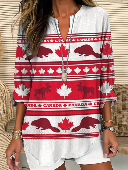 Women's Canada Abstract Stripe Maple Leaf Art Print Casual V-Neck Top
