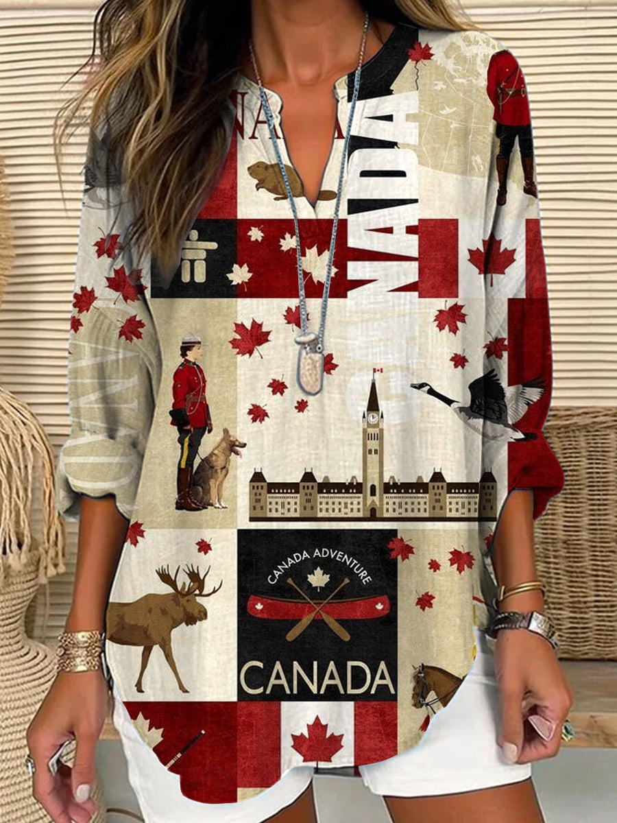 Women's Canadian Illustration Maple Leaf Art Print Casual V-Neck Top